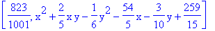 [823/1001, x^2+2/5*x*y-1/6*y^2-54/5*x-3/10*y+259/15]